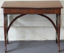 19thC mahogany two drawer campaign table with folding legs and detachable stretcher,