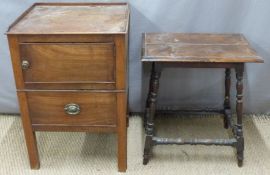 Georgian mahogany bedside pot cupboard with tray top and an oak occasional table