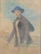 Catherine Gray 19thC watercolour of a traveller with satchel, signed lower right,