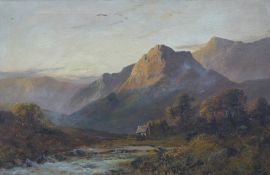 Joel Owen oil on canvas Highland scene with cottage by a river and mountains beyond,