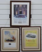 Three framed car adverts comprising Rover 75,