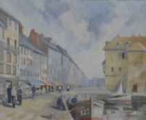 Dudley Burnside oil on canvas harbour scene 'Honfleur', signed lower right and with labels verso,
