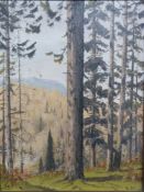 Roy Kraty OBE (1909-2002) oil on board Pines in Cumbria near Tarn Hows,