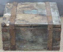 Metal bound travelling trunk with plaque to top Lawrence Fort Esq,