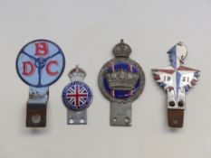 Four enamel car badges including Festival of Britain, BDC (Bedford Drivers Club),