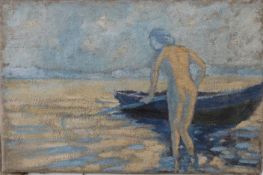 Circle of Anders Zorn (Swedish 1860-1920) oil on canvas study nude lady with a boat,
