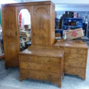 Early 20thC walnut bedroom suite comprising dressing table, three-door wardrobe,