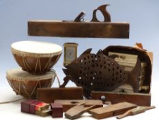 A quantity of collectables to include vintage woodworking planes, carriage clock, drums,