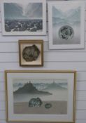Three Thai or South Asian abstract watercolour landscapes,
