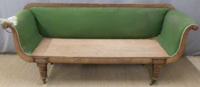 Regency sofa with scroll ends raised on turned legs with castors,