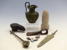 Quantity of ancient and Oriental style items including arrow heads, axe head,
