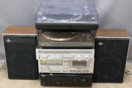 Philips cassette deck, radio and turntable, Technics SL-1210 MK2 record player,