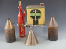 Vintage brass and copper rivited fire extinguisher with GR and crown mark, Redex dispenser,