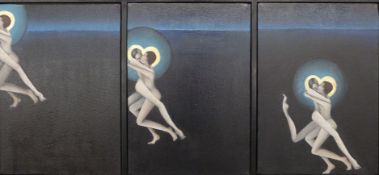 Emelie Travena-Jackson oils on canvas 'Rushing Kiss 1, 2 and 3', each titled and dated 99 verso,