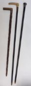 Three walking canes including hallmarked silver mounted, carved,