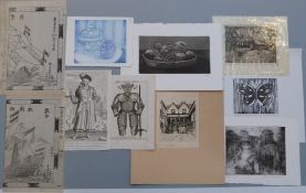 A quantity of signed etchings including artist's proof, 18thC costume,