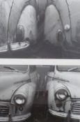 Framed pair of photographs of Morris minor cars 55x38cm,