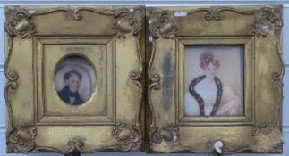 Pair of 19thC framed portrait miniatures, one depicting a lady with crown / tiara and stole,