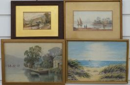 W Scarlett-Hatton watercolour lake scene with boats, signed lower left, 19 x 26cm,