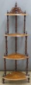 Victorian walnut inlaid four-tier corner whatnot,