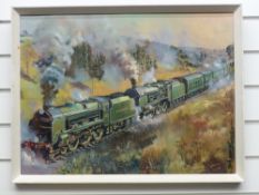 P Bradshaw oil on board of Southern Lord Nelson steam locomotives double heading in wooded valley,