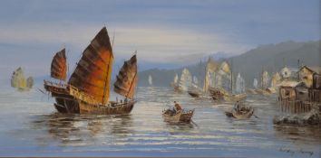 Ricky Lewry acrylic on canvas Eastern maritime scene with boats and village, signed lower right,