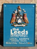 Leeds Permanent Building Society wooden sign with heraldic crest and motto