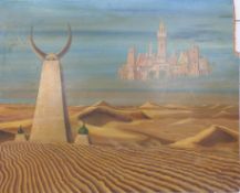 Bill Gull oil on board 'Mirage', Eastern city in desert,