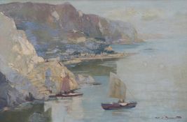 F P de Besperato oil on canvas coastal scene with boats by steps on cliff side,