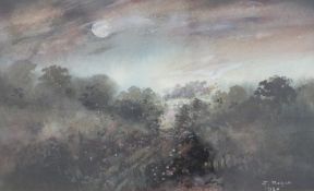 J Regan oil on board moonlit landscape, signed and dated 1989 lower right,