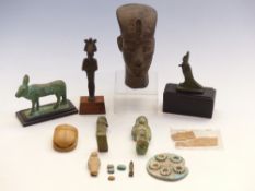 A collection of Egyptian and similar artifacts including an Egyptian bust (18cm tall),