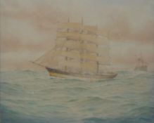 R Howe maritime watercolour sailing ship with steamship beyond,