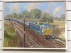 P Bradshaw oil on board class 86 or similar BR electric locomotive pulling a passenger train,