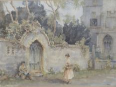 Eric Sturgeon watercolour two female figures with flowers by a church, signed lower right,