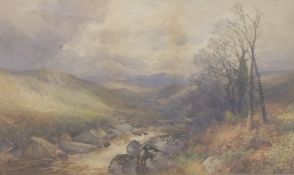 Late 19th / early 20thC watercolour landscape stream with hills beyond,