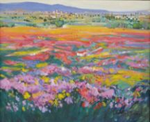 Acrylic on canvas colourful flower fields with village in landscape beyond, indistinctly signed,