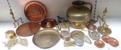 A quantity of brass and copper including Arts & Crafts hammered dish, large ewer 35cm,