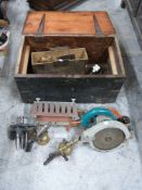 19thC stained pine chest with tools including Wolf Sapphire saw,