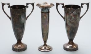 Pair of Arts and Crafts plated twin-handled pedestal vases,