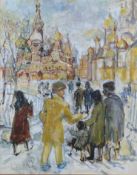 Acrylic on board figures in a Russian or similar cityscape 50 x 40cm