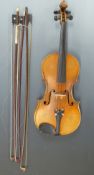 German Stradivarious copy violin with two piece 36cm flame back and three bows,