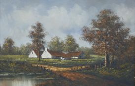 H Knauf acrylic on board farmstead in landscape, signed lower left,