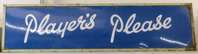 'Player's Please' vintage blue and white enamel advertising sign, 41 x 178cm, ex Boulters, Coleford,