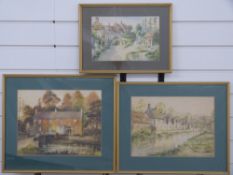H Rigby three late 1920's watercolours of Bibury including The Arlington Row and the Swan,