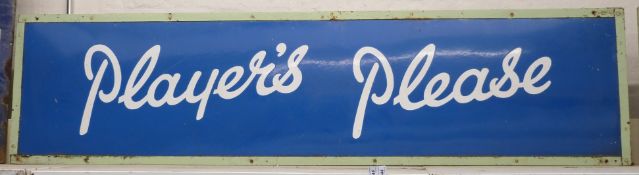 'Player's Please' vintage blue and white enamel advertising sign, 41 x 178cm, ex Boulters, Coleford,