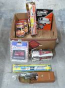 A quantity of retro motoring accessories including wolf whistle horn, stop thief window etch kits,