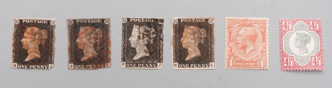 Four Victorian penny black stamps, one with four margins,