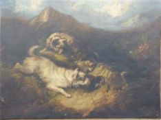 George Armfield (1810-1893) oil on canvas of three terriers by a fox or rabbit hole,