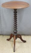 19thC mahogany circular table on bobbin turned support and tripod base,