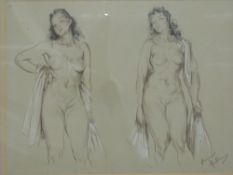 Franco Matania charcoal study of nude lady in two poses,